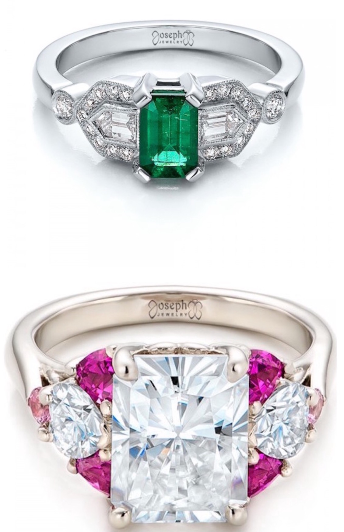 Engagement rings with large colored square center stones and accent diamonds on the band. 