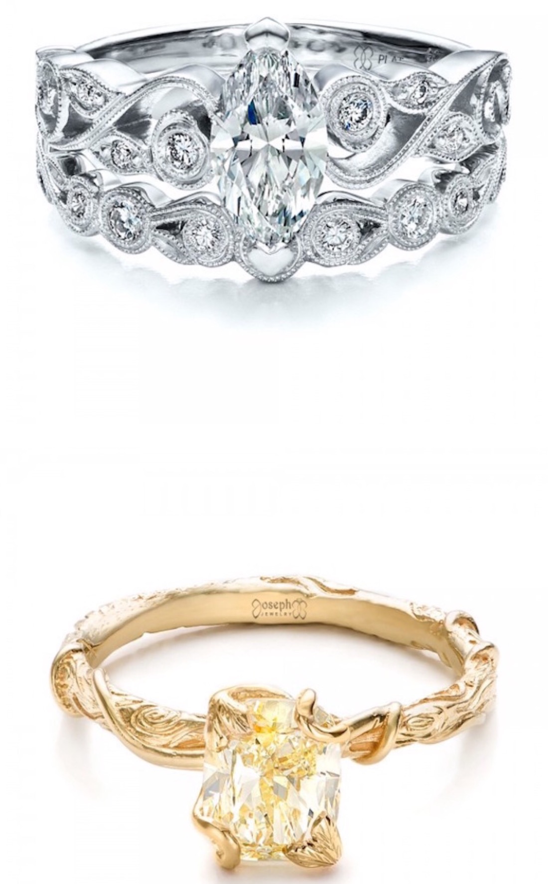 Engagement rings with textured bands and  large center stones.