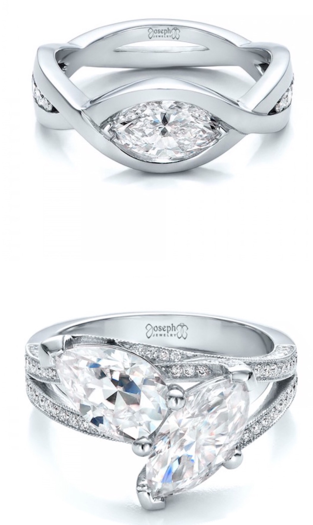 White gold engagement ring with oval center stone and an interwoven band with diamonds.