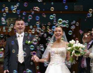 Wedding day bubble send off