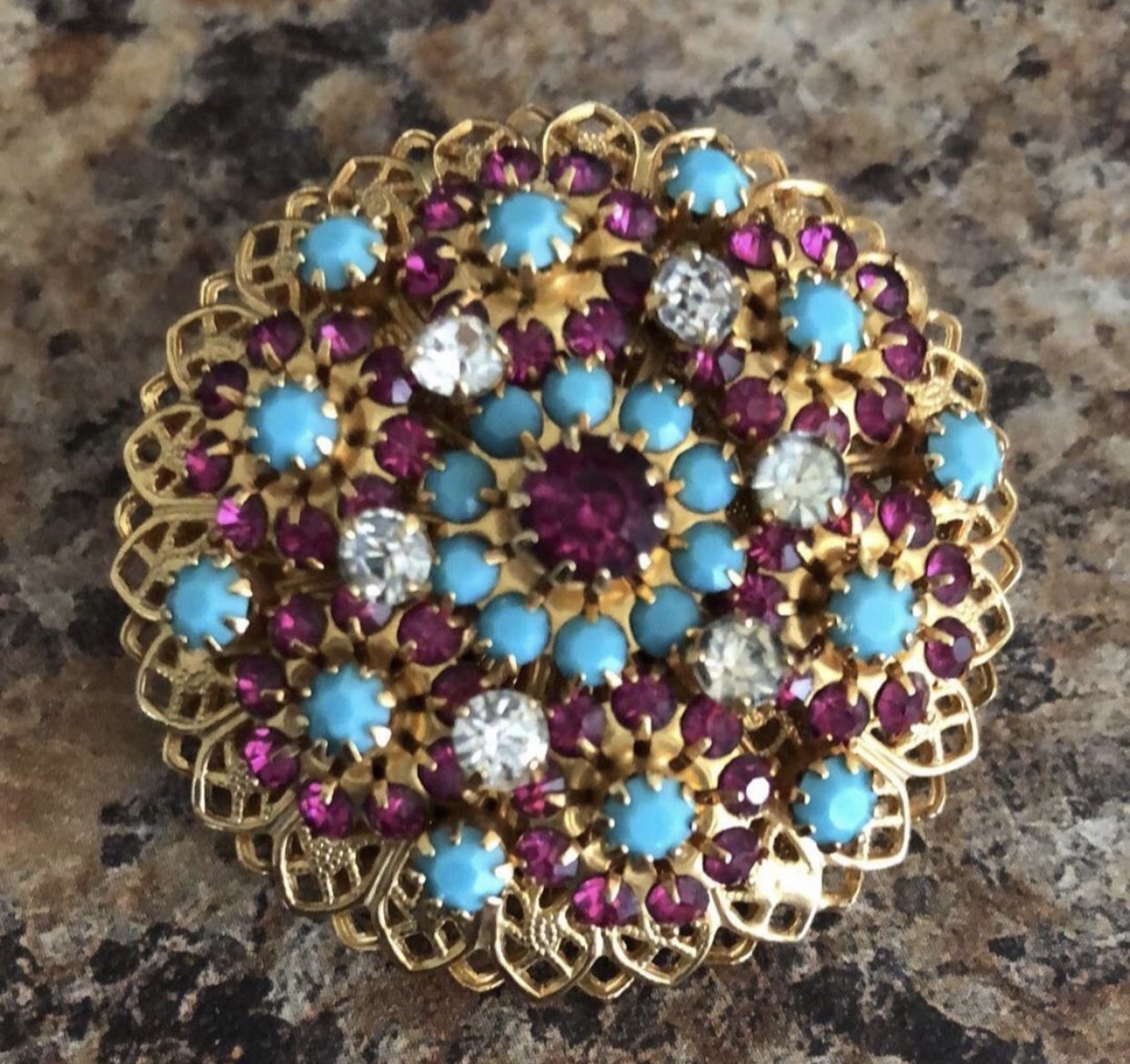 purple, teal and white rhinestone vintage brooch