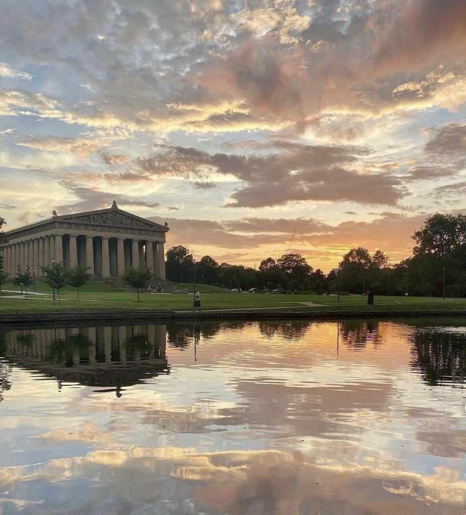 A view of The Parthenon across the lake at Centennial Park.