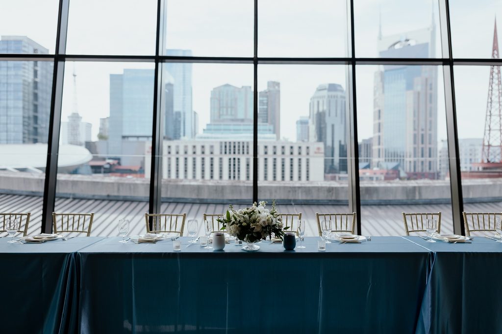A view of downtown from the floor ot ceiling windows at The Country Music Hall of Fame in Nashville, Tennessee 