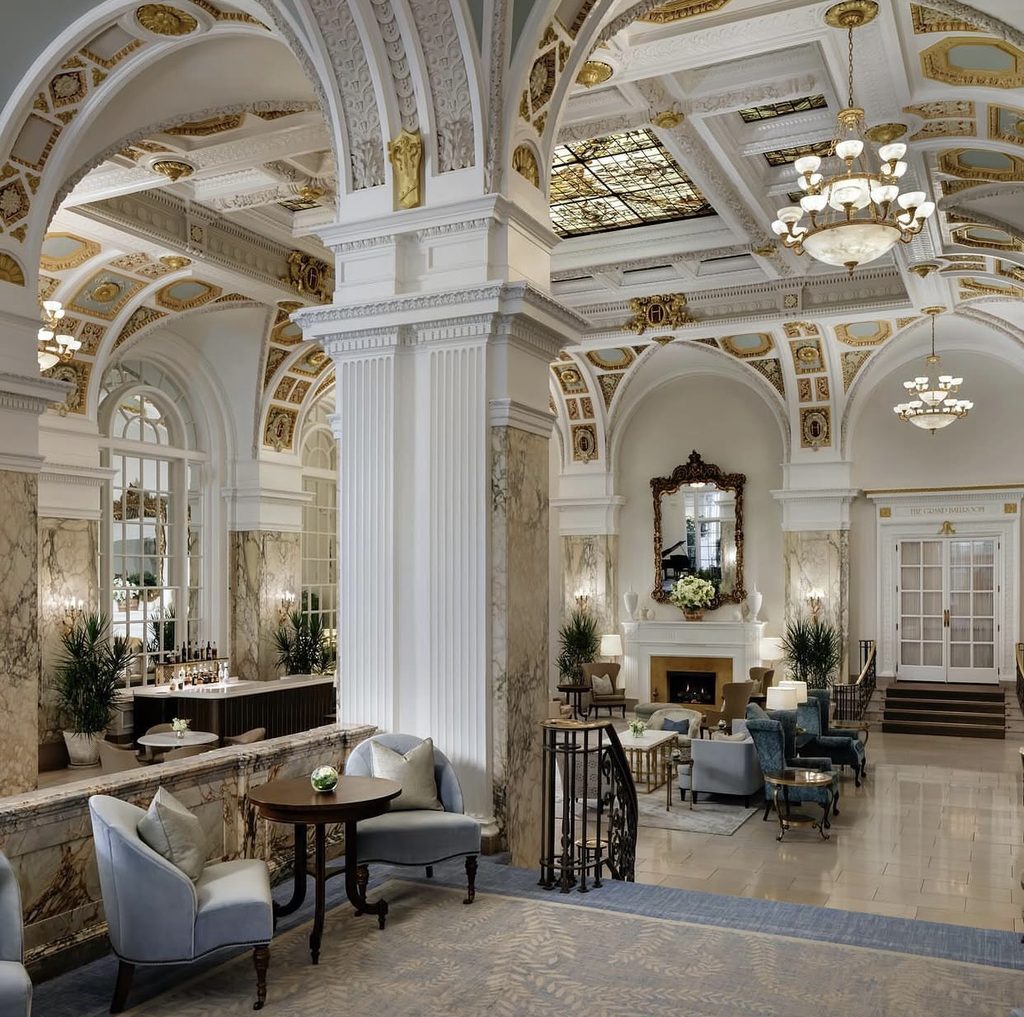 The beautiful lobby of The Hermitage Hotel in Nashville Tennessee