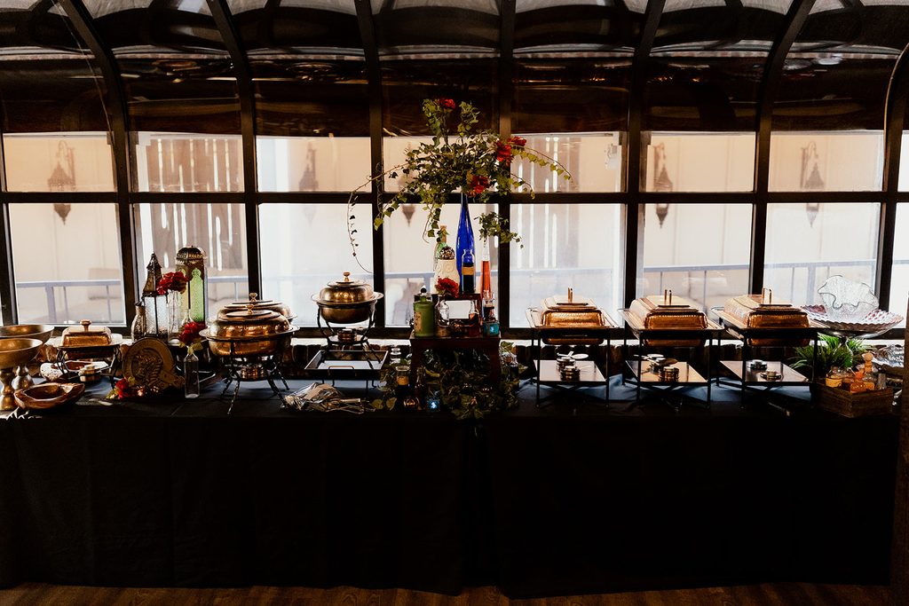 Autumnal wedding buffet at The Bedford Nashville Event Venue with exposed brick, floor to ceiling windows and hardwood floors. 