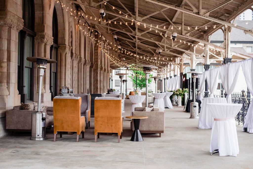 An elegant outdoor cocktail reception at Union Station Nashville Yards in Nashville, Tennessee
